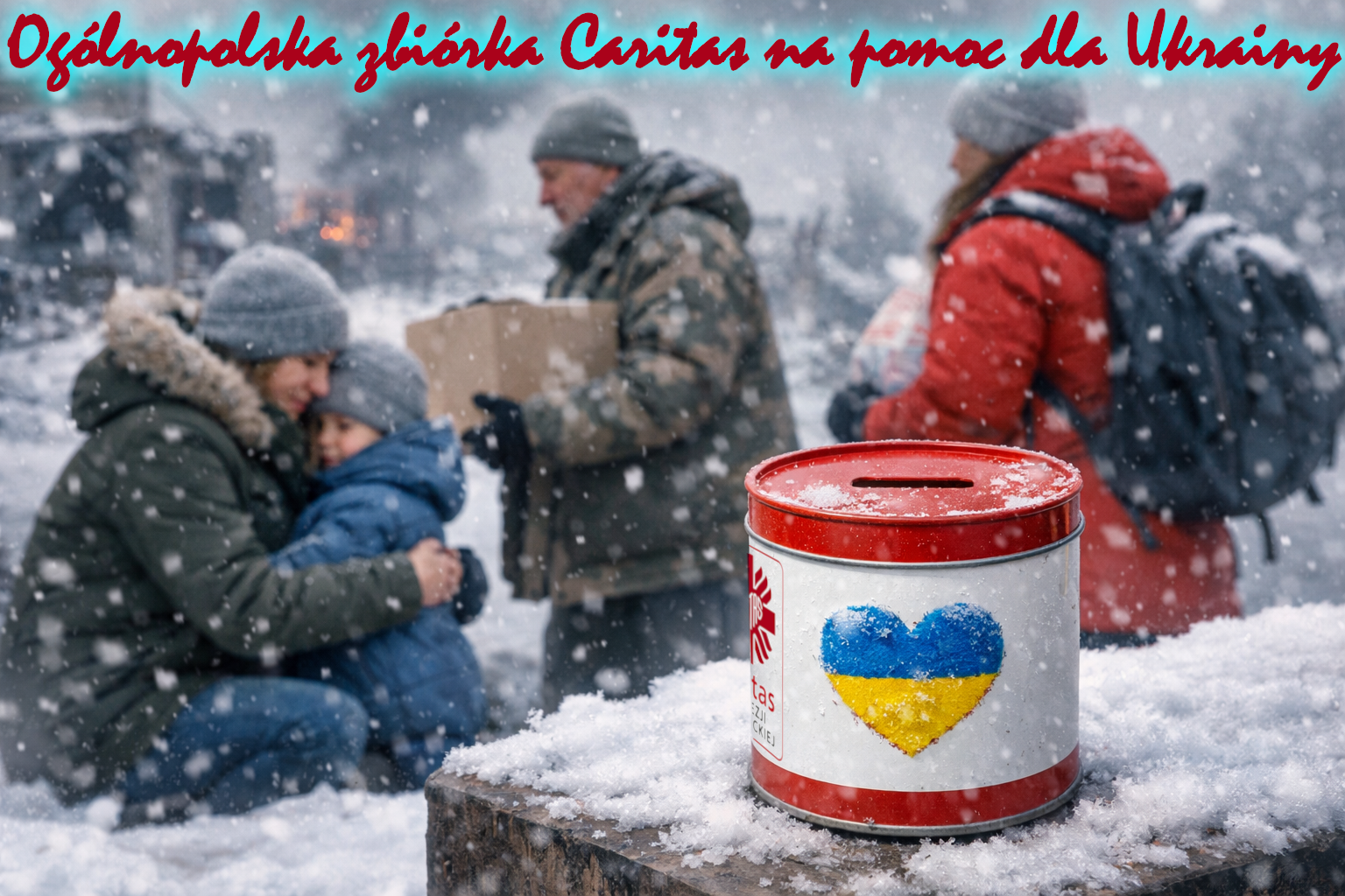 Obrazek przedstawia ludzi potrzebujących pomocy w tle a z przodu znajduje się puszka z flaga Ukrainy w formie serca nadrukowana na datki pieniezne
